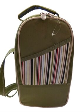 Olive Green Vintage Insulated Striped Picnic Bag, Corkcrew,  2 Plastic Glasses